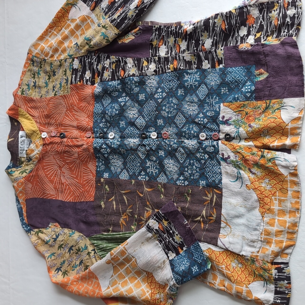 Citron Patchwork Print Mandarin Collar Silk Blouse 3/4 Sleeve Women's Size L
